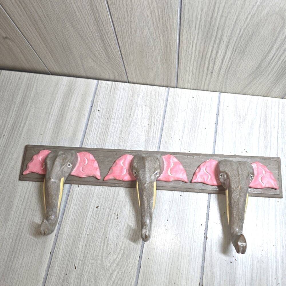 Vtg Pier 1 Carved Wooded Elephant Wall Hook Coat/Hat Rack Nursery Kids Room